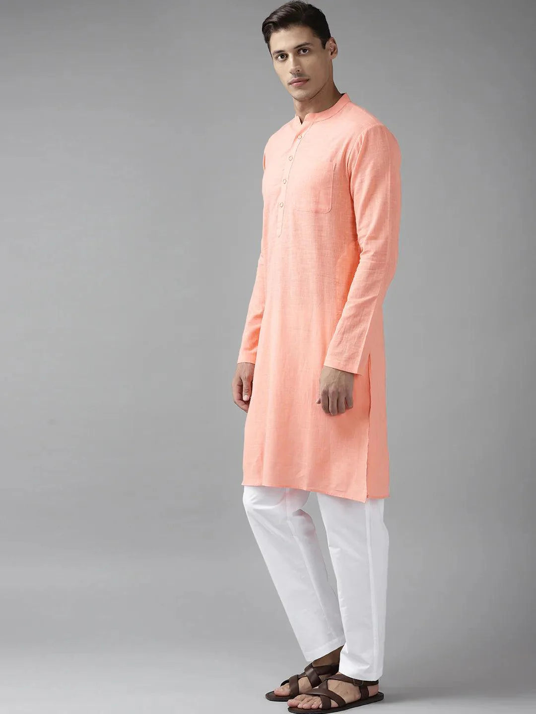 Fabmade Men Peach Cotton Linen Kurta Pyjama