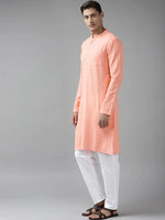 Thumbnail for Fabmade Men Peach Cotton Linen Kurta Pyjama