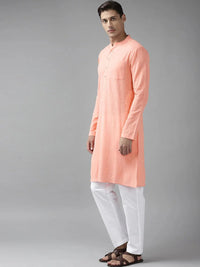 Thumbnail for Fabmade Men Peach Cotton Linen Kurta Pyjama