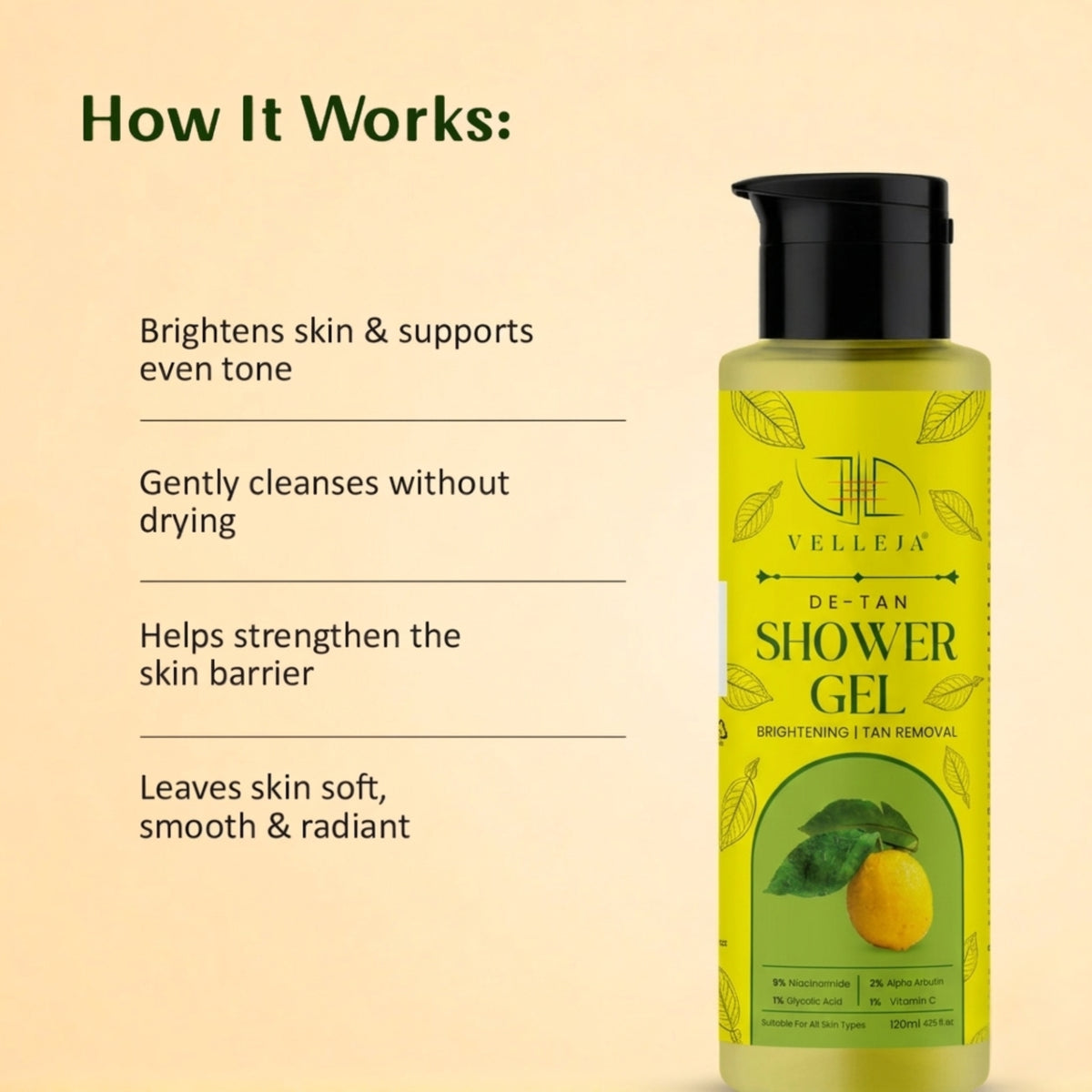 Velleja Brightening De-Tan Body Cleanser with Niacinamide, Vitamin C & Alpha Arbutin - Dista