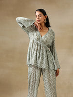 Thumbnail for trueBrowns Light Green Bandhani Printed Silk V-Neck Co-Ord Set - Distacart