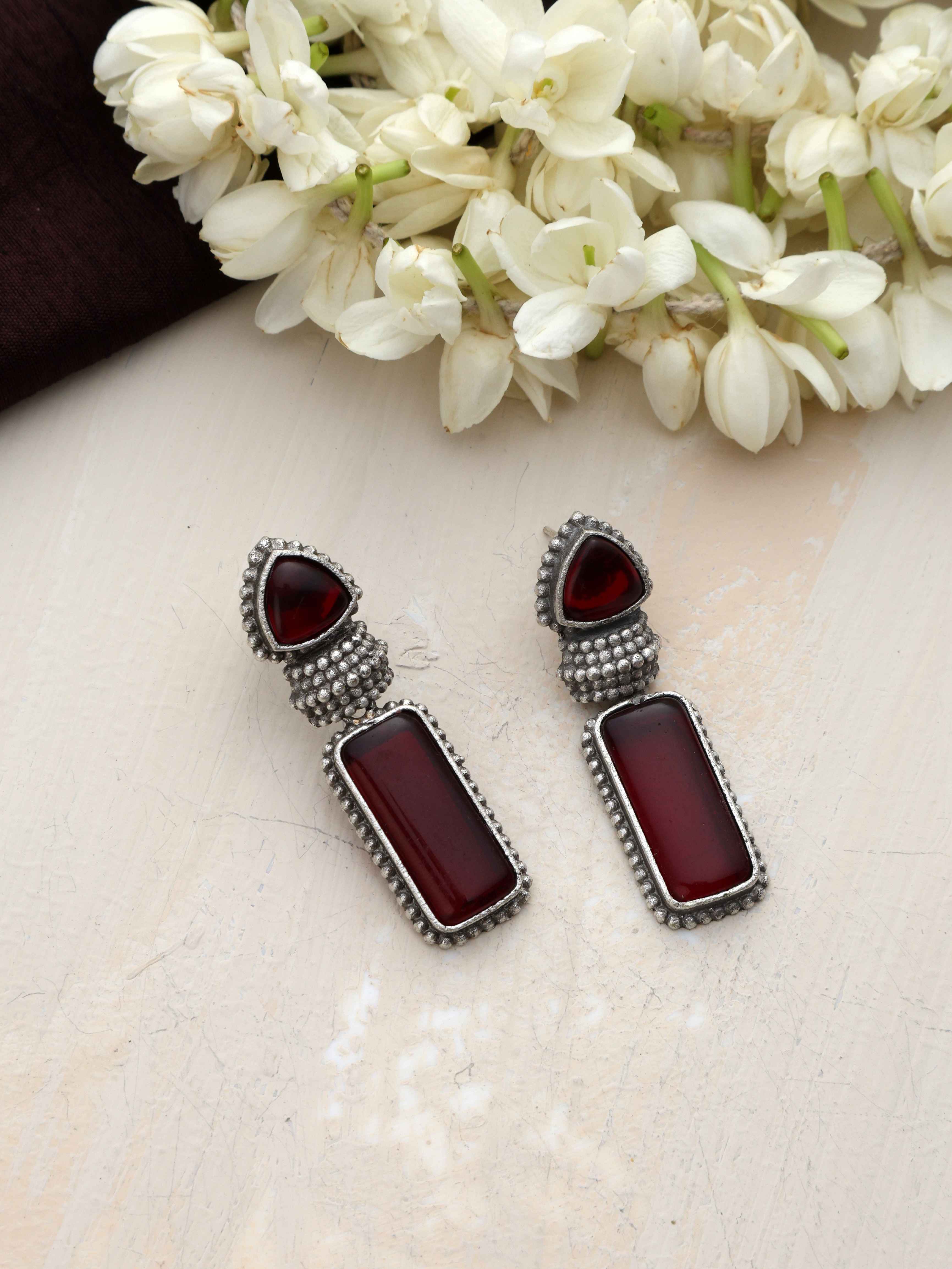 trueBrowns Silver tone Red Stone Drop Earrings - Distacart