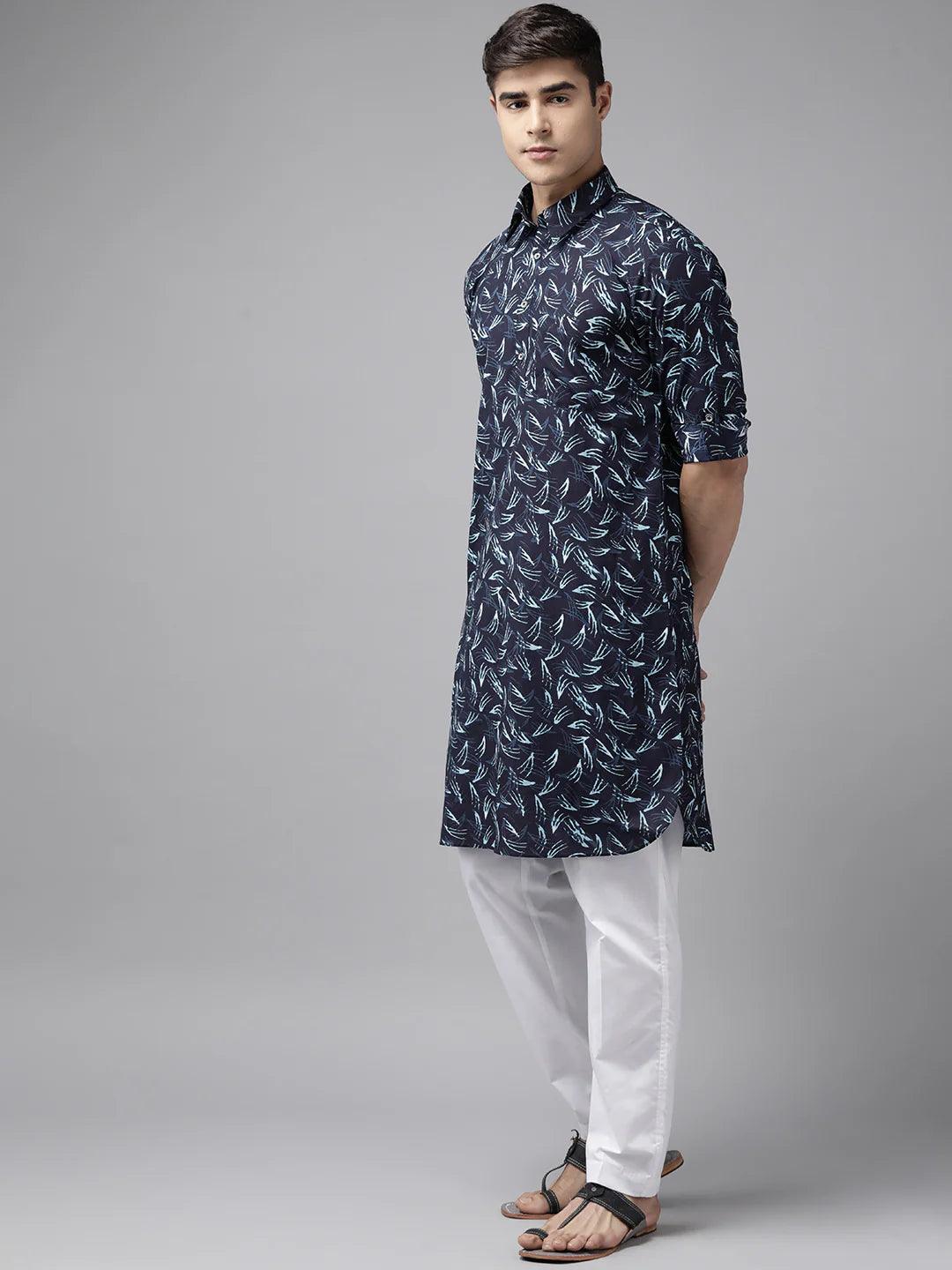 Fabmade Pure Cotton Pathani Kurta Print With Pyjama