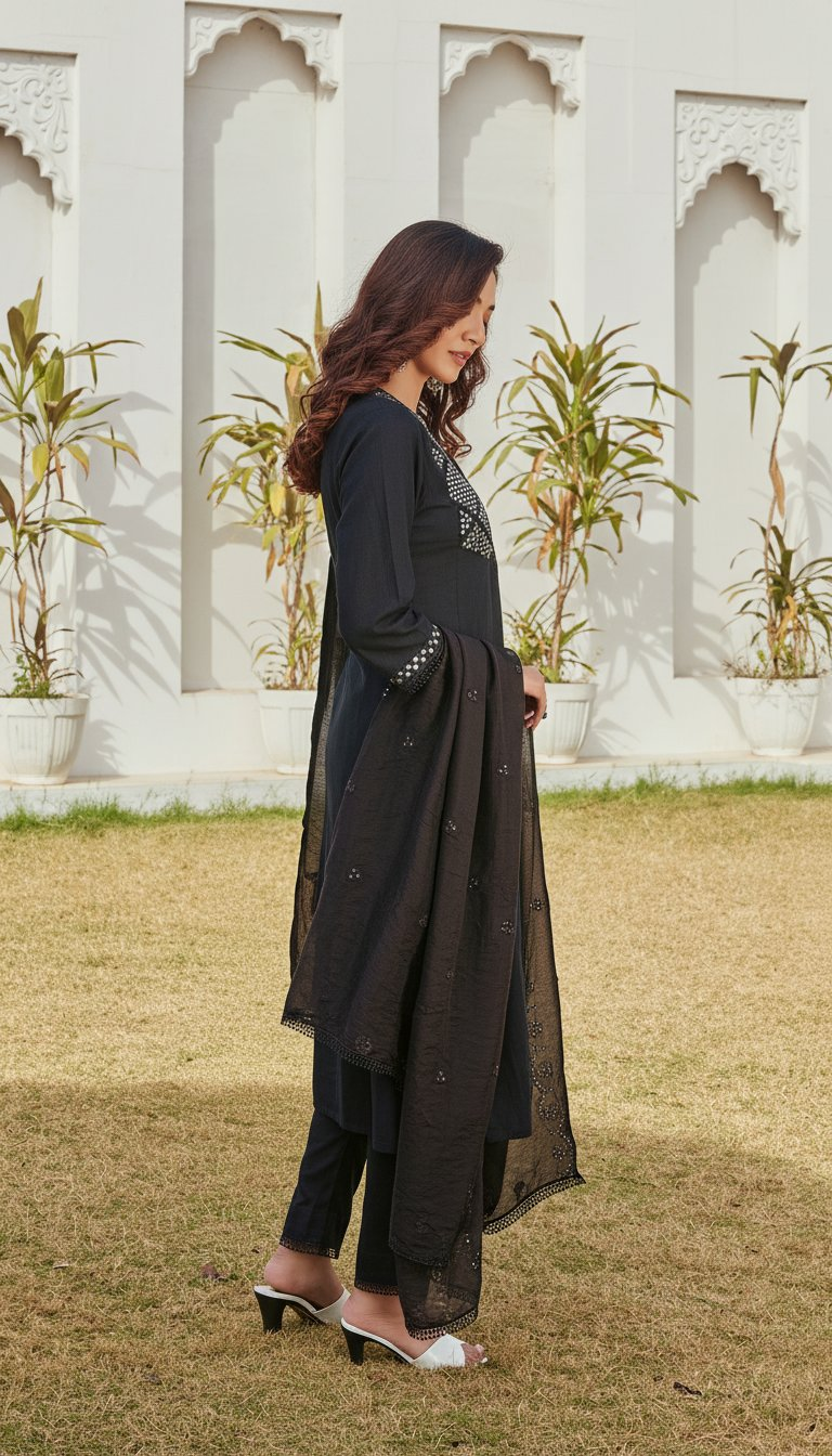 BulBul Maryam Black Cotton Kurta Set with Dupatta