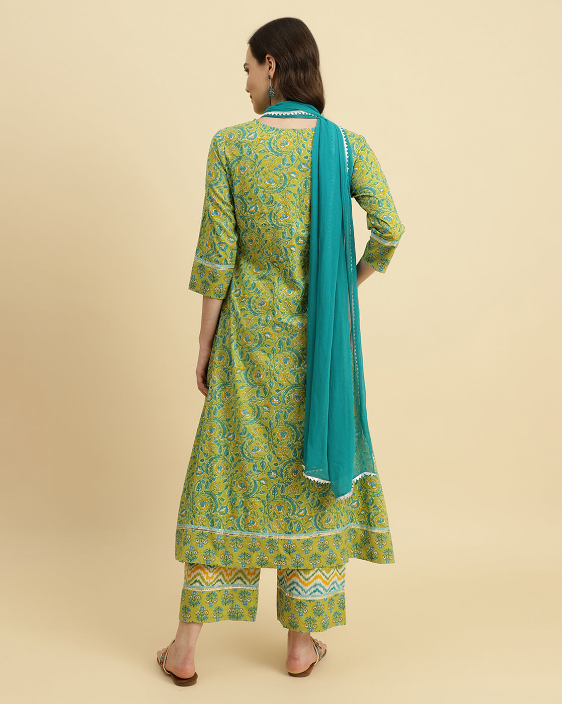 Varanga Women Green Floral Printed A-Line Kurta Paired With Printed Palazzo And Chiffon Dupatta - Distacart