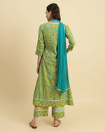 Thumbnail for Varanga Women Green Floral Printed A-Line Kurta Paired With Printed Palazzo And Chiffon Dupatta - Distacart