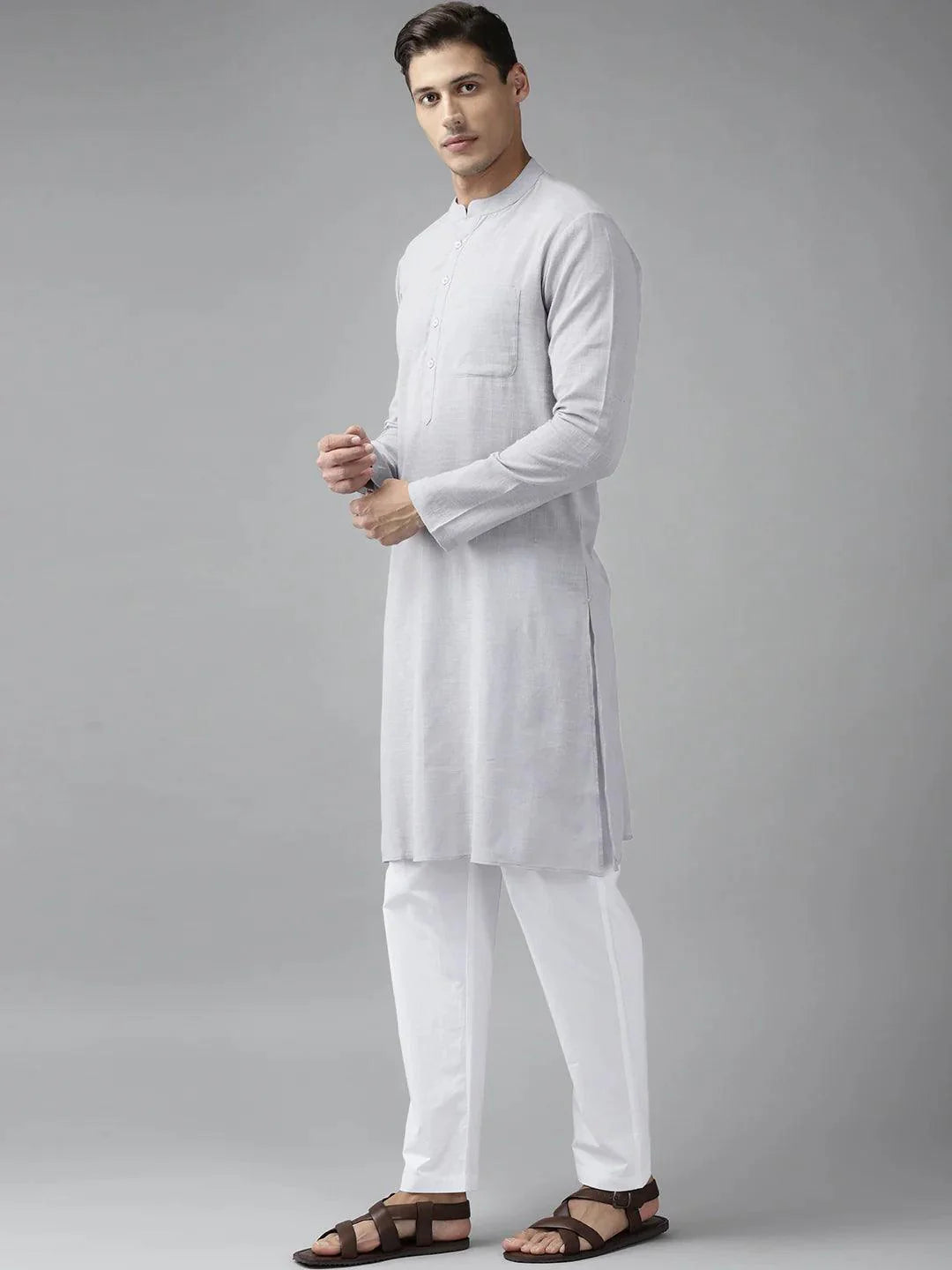 Fabmade Men Grey Cotton Linen Kurta Pyjama