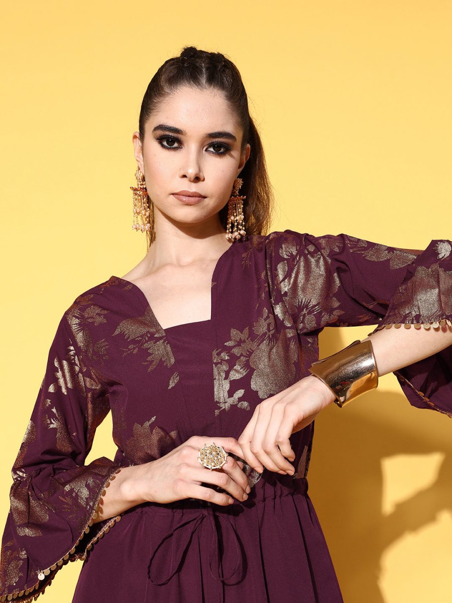 Ahalyaa Burgundy & Gold-Toned Bell Sleeves Printed Ethnic Jumpsuit With Waist Tie-Ups - Distacart