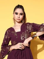 Thumbnail for Ahalyaa Burgundy & Gold-Toned Bell Sleeves Printed Ethnic Jumpsuit With Waist Tie-Ups - Distacart