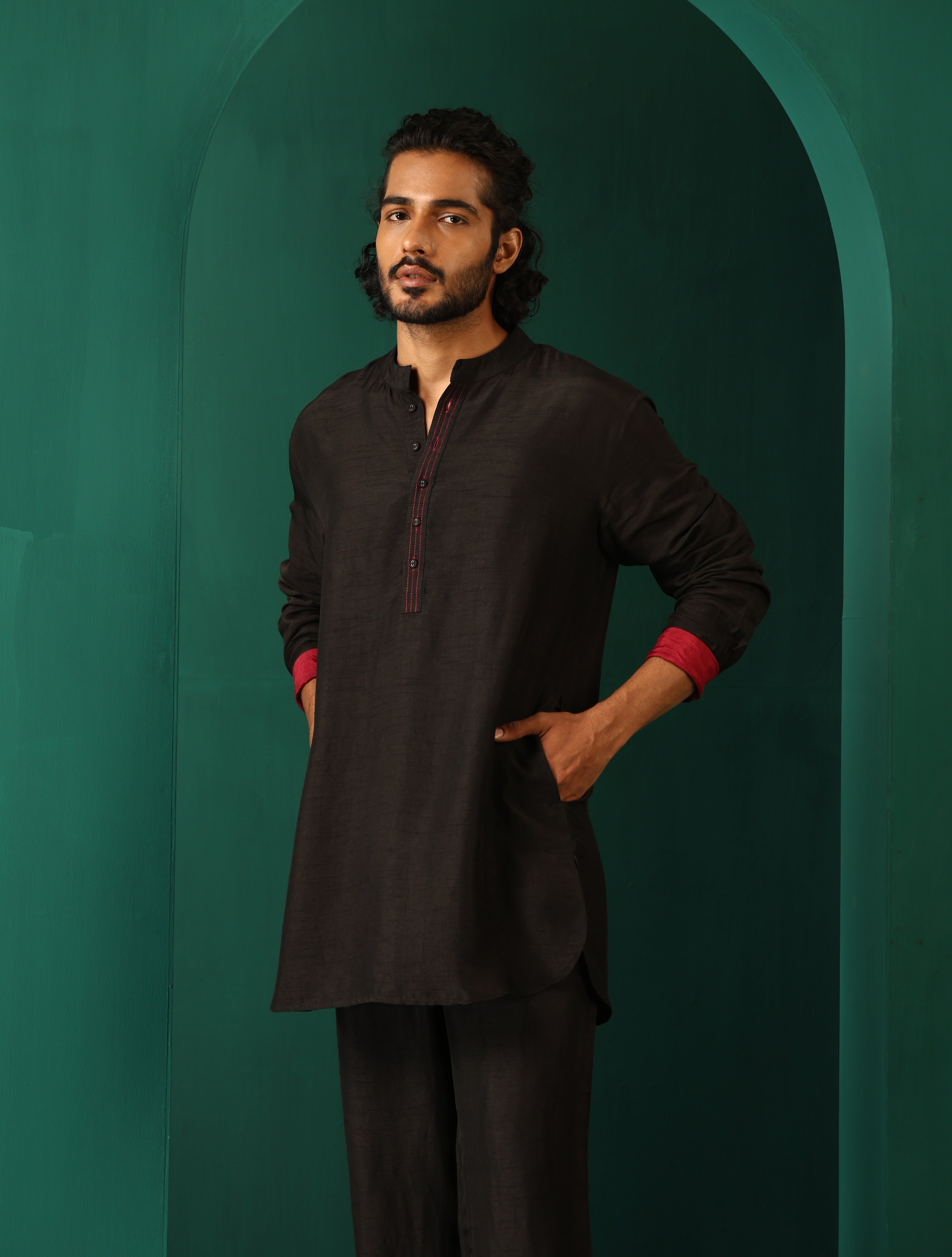 trueBrowns Men's Black Silk Co-ord Set Stitch Detail - Distacart
