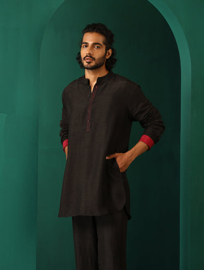 trueBrowns Men's Black Silk Co-ord Set Stitch Detail - Distacart