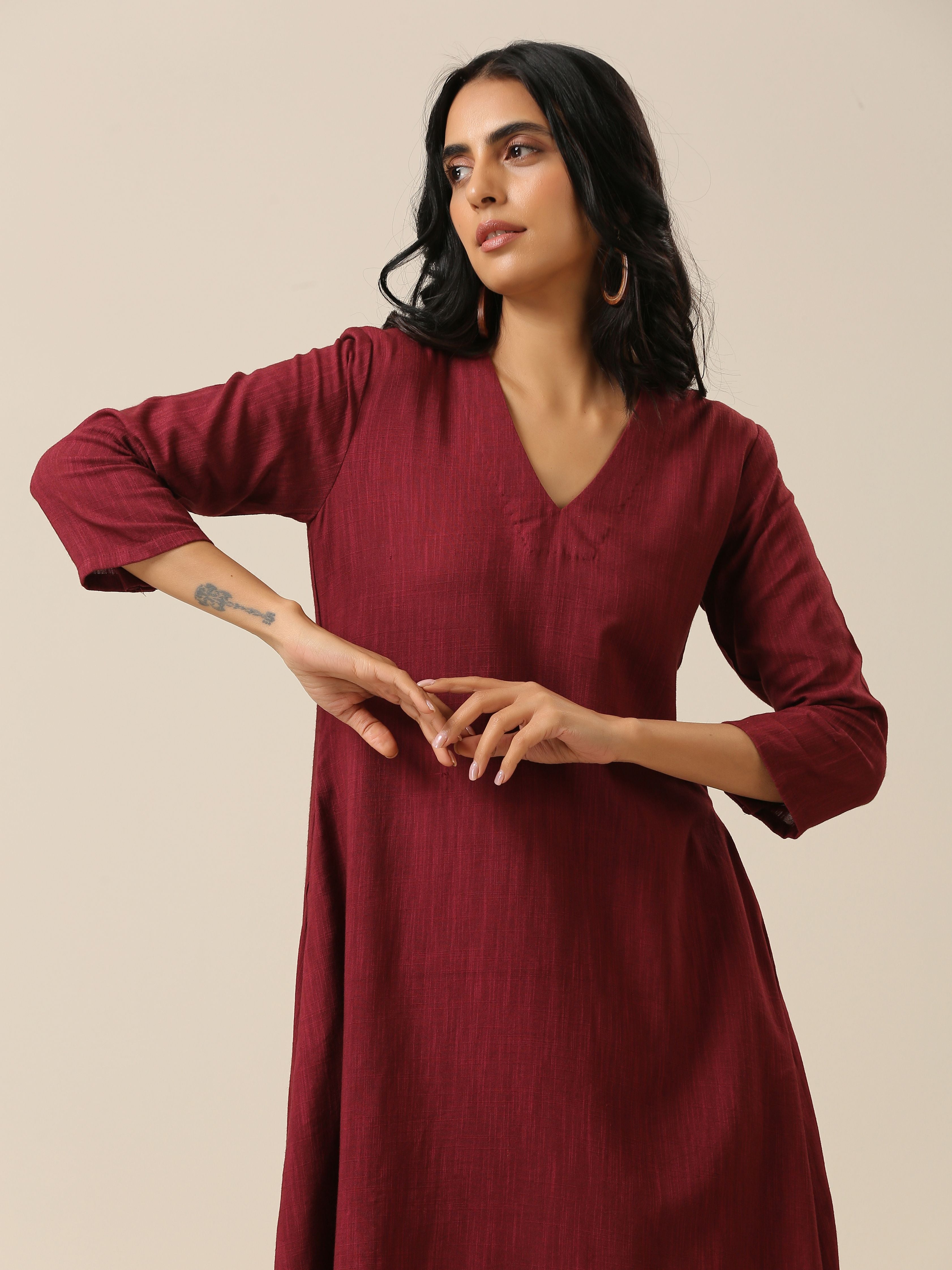 trueBrowns Ruby Wine Slub Texture Back Pleat Kurta Pant Set - Distacart