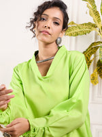 Thumbnail for InWeave Neon Green Shawl Neck Long Side Pleat Dress