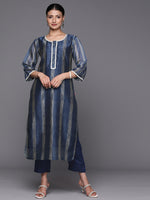 Thumbnail for Varanga Women Navy Blue Printed Straight Kurta With Lace Detailed Paired With Tonal Bottom - Distacart