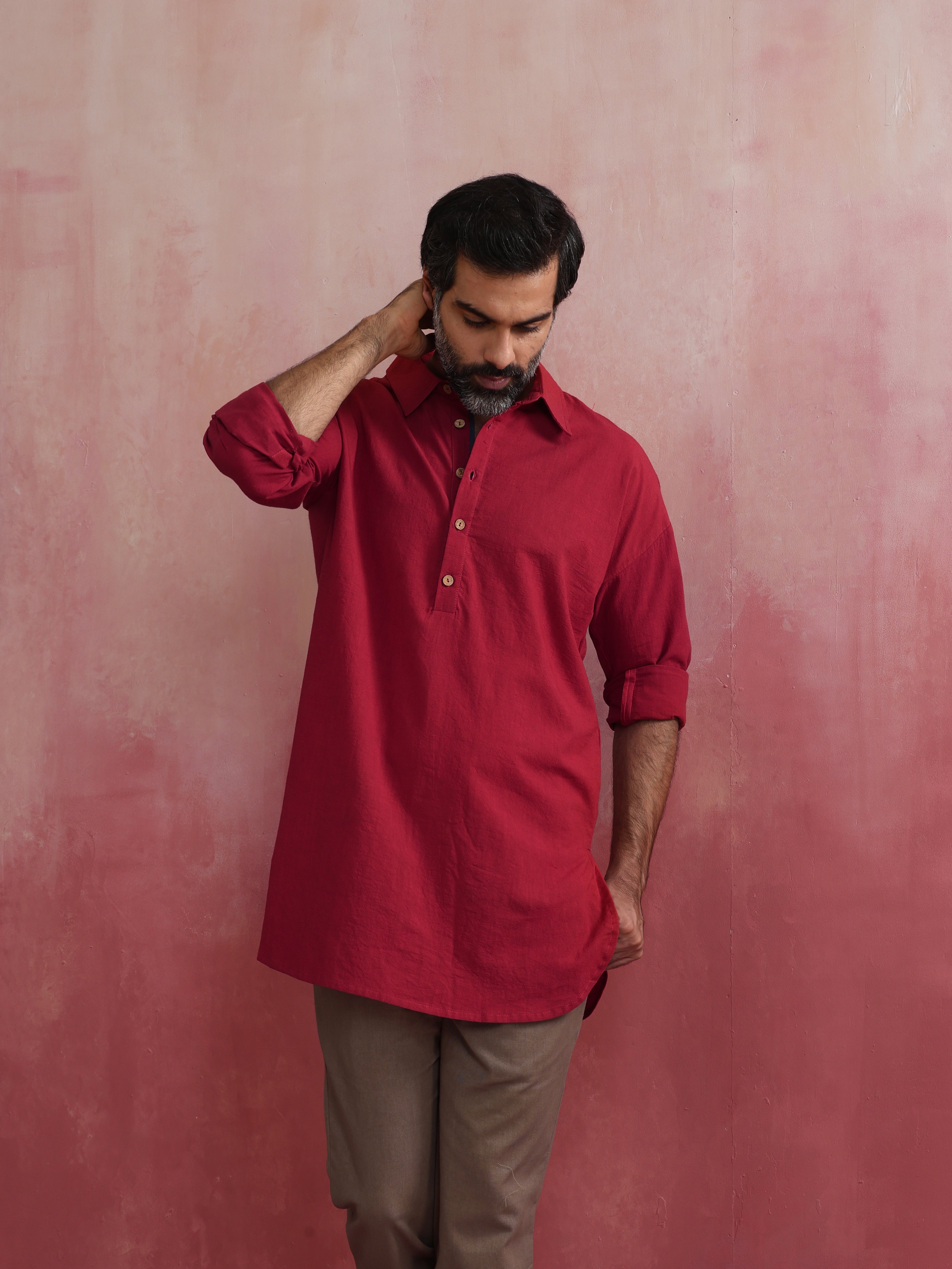 trueBrowns Men's Maroon Cotton Shirt Collar Stylized Kurta - Distacart