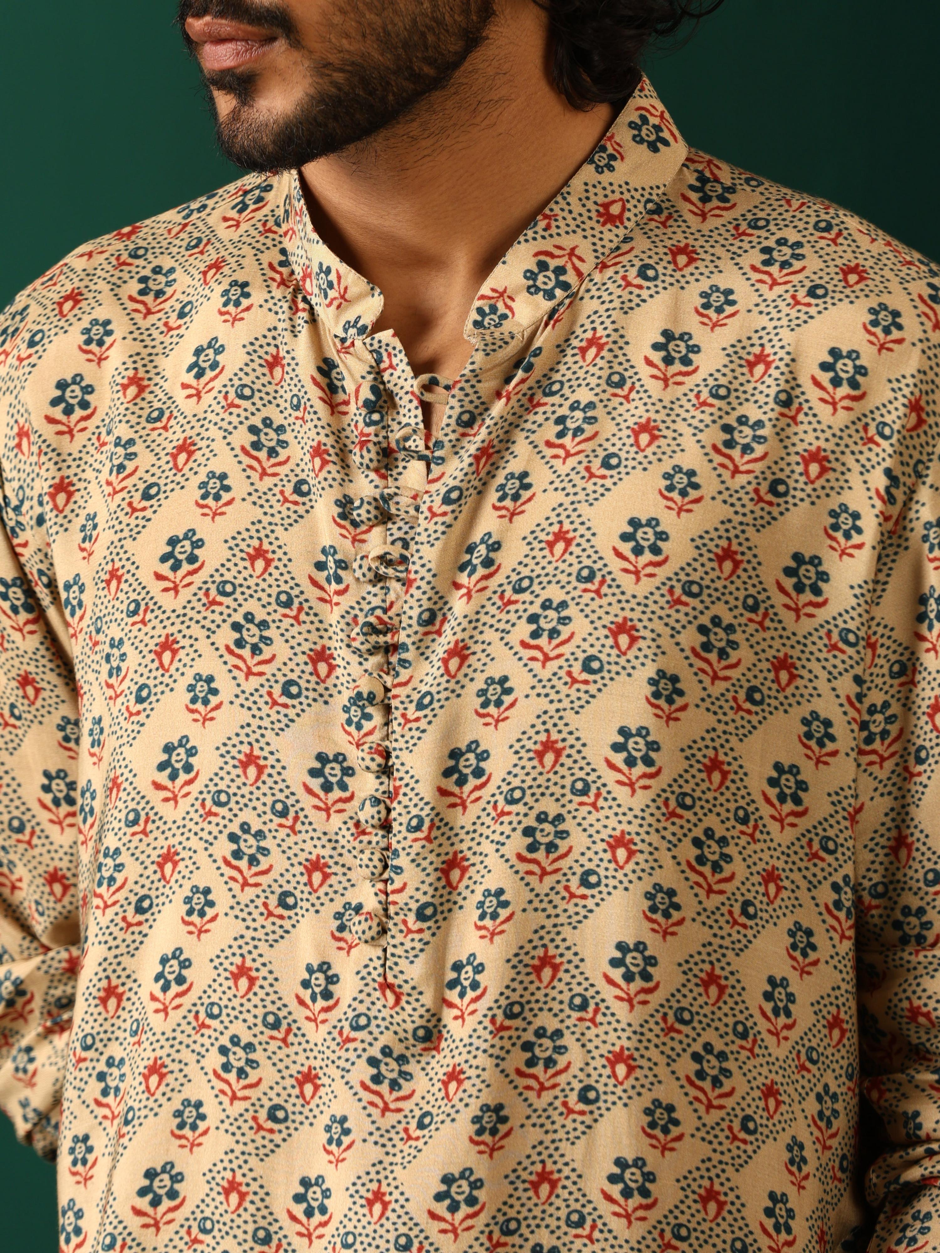 trueBrowns Men's Beige Geometric Muslin Silk Printed Co-ord Set - Distacart