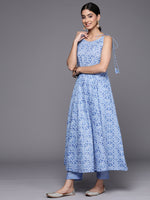 Thumbnail for Varanga Women Blue Bandhani Printed Kurta Spaghetti Strap With Drawstring Paired With Tonal Printed Bottom - Distacart