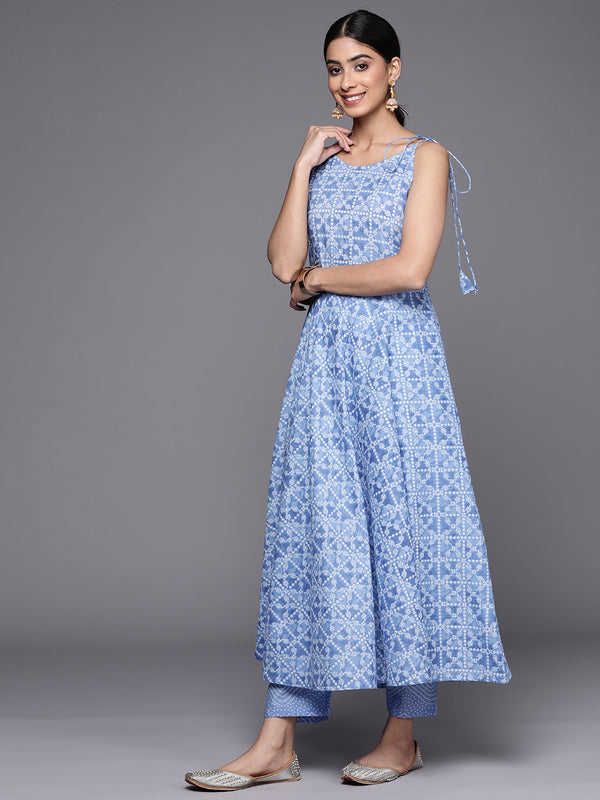 Varanga Women Blue Bandhani Printed Kurta Spaghetti Strap With Drawstring Paired With Tonal Printed Bottom - Distacart