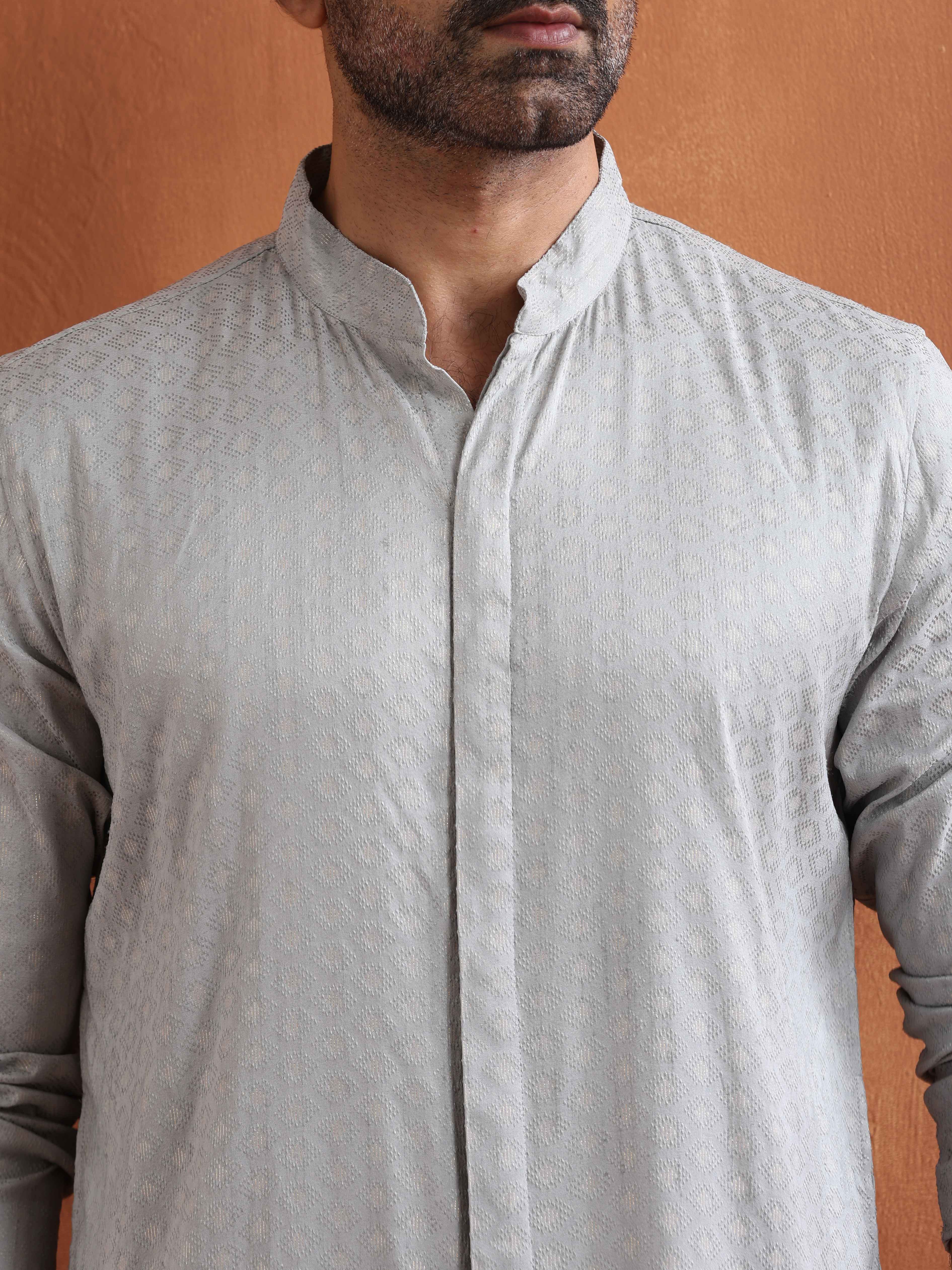 trueBrowns Men's Grey Chanderi Front Open Kurta