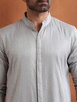 Thumbnail for trueBrowns Men's Grey Chanderi Front Open Kurta