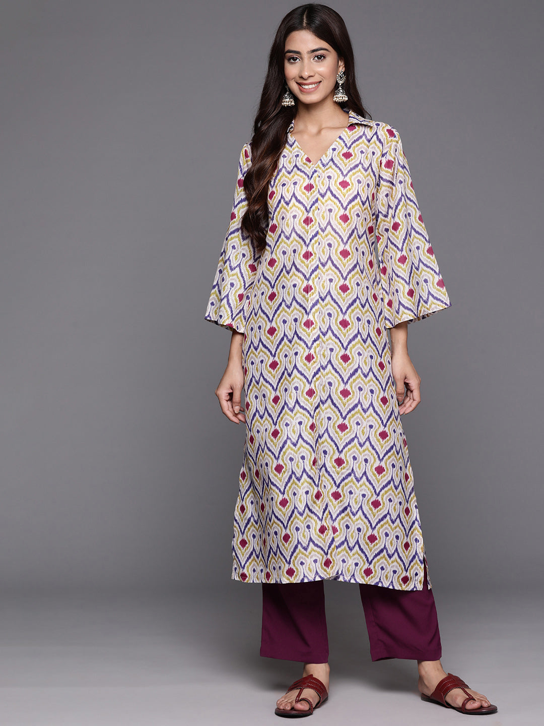 Varanga Women Off White Ikat Printed Shirt Collar Straight Kurta Paired With Violet Solid Bottom - Distacart