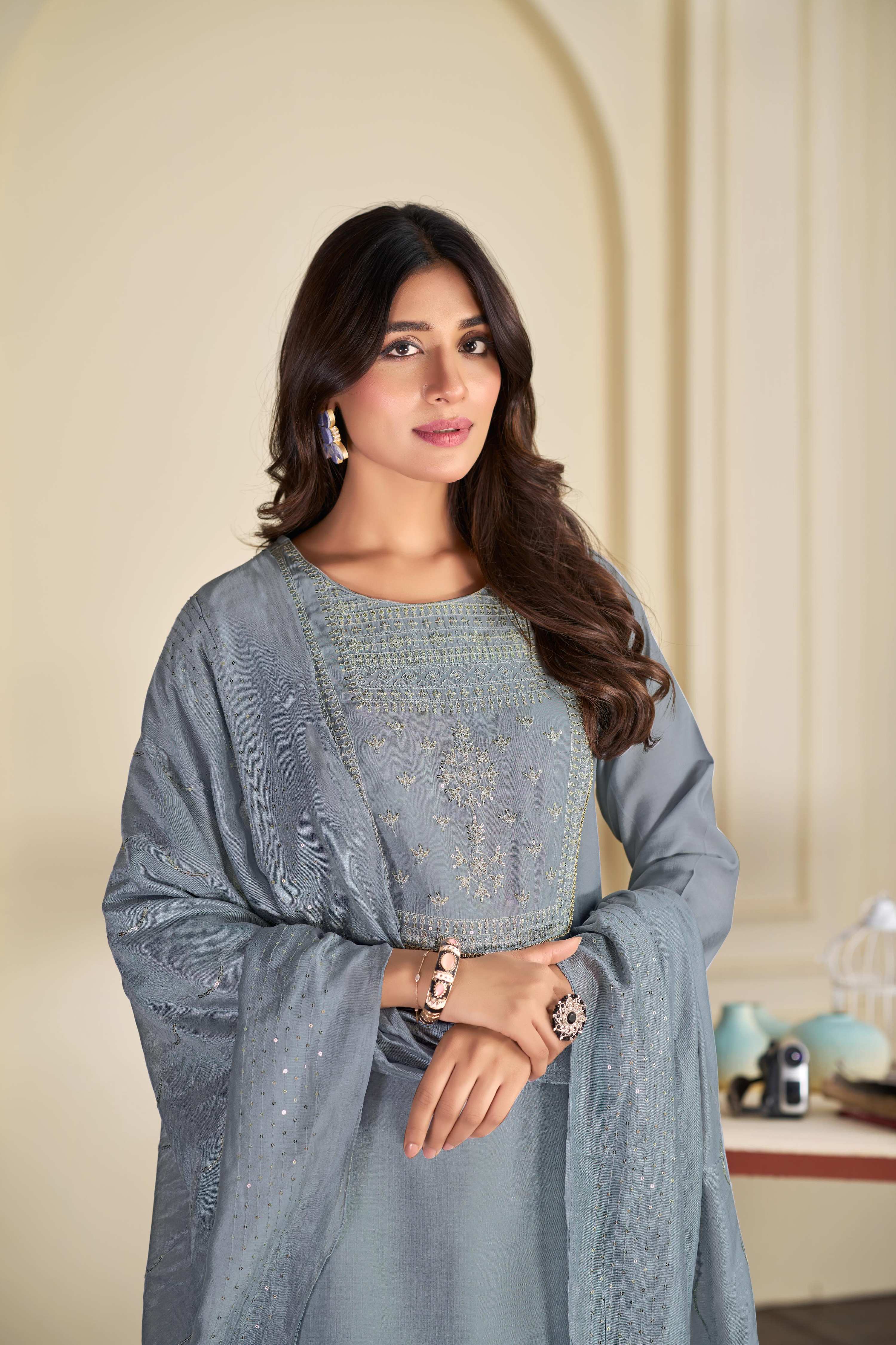 BulBul Aadvi Solid Grey Embroidered Roman Silk Salwar Suit