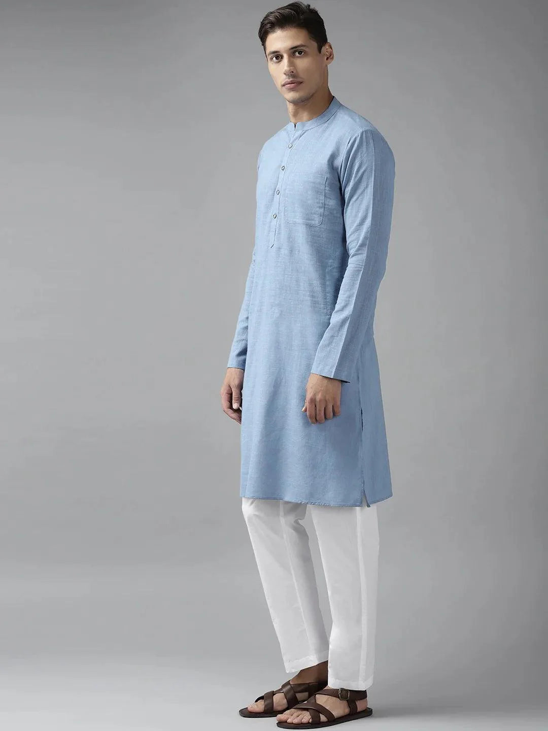 Fabmade Men Blue Cotton Linen Kurta