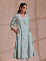Thumbnail for trueBrowns Tiffany Blue Floral Block Print Cotton Front Neck Gathered Kurta Pant Set - Distacart