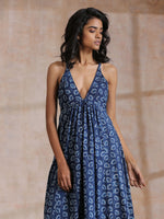 Thumbnail for trueBrowns Indigo Dabu Floral Print Cotton Sleeveless Dress - Distacart