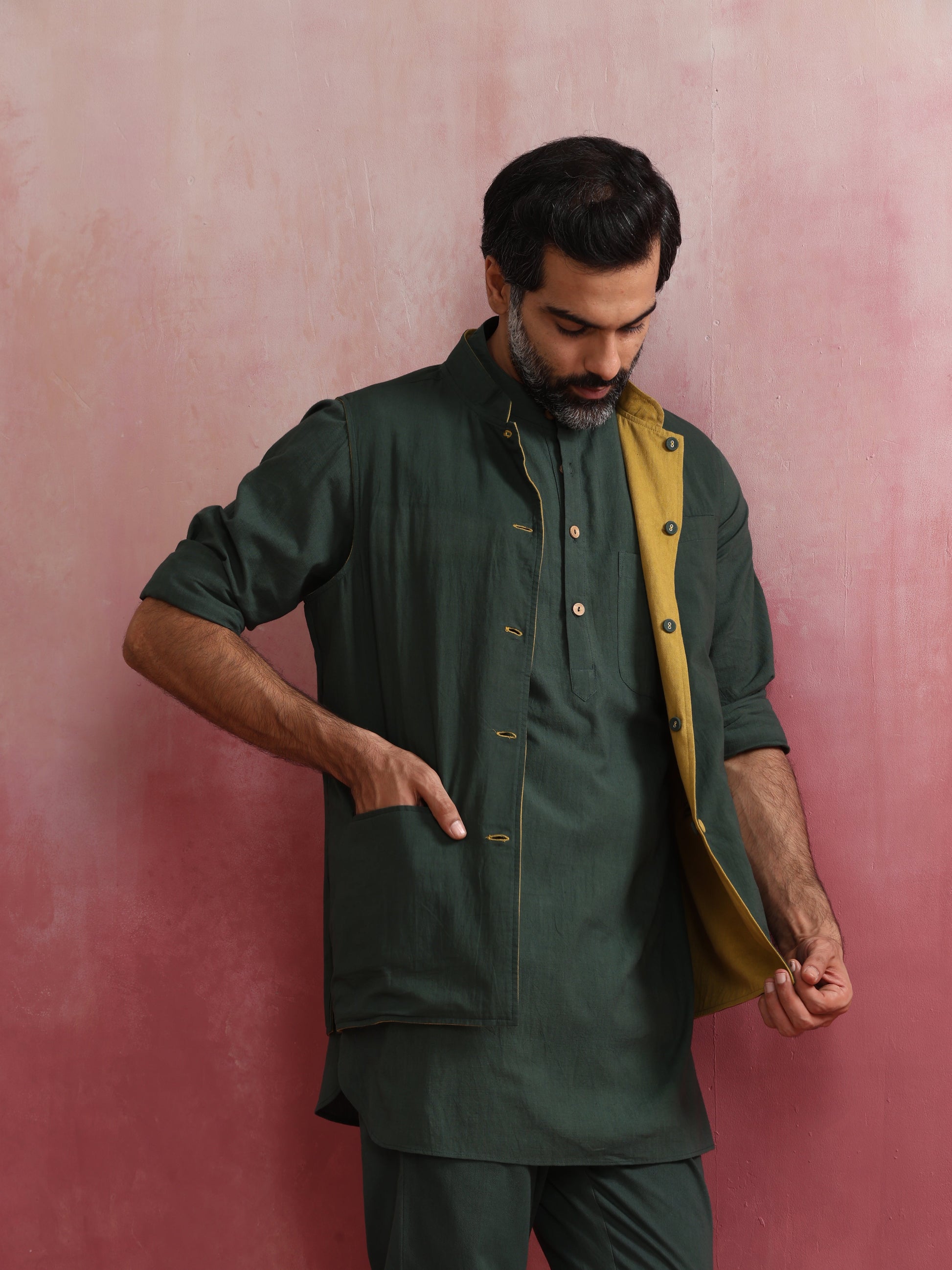 trueBrowns Men's Mustard Cotton Reversible Nehru Jacket - Distacart