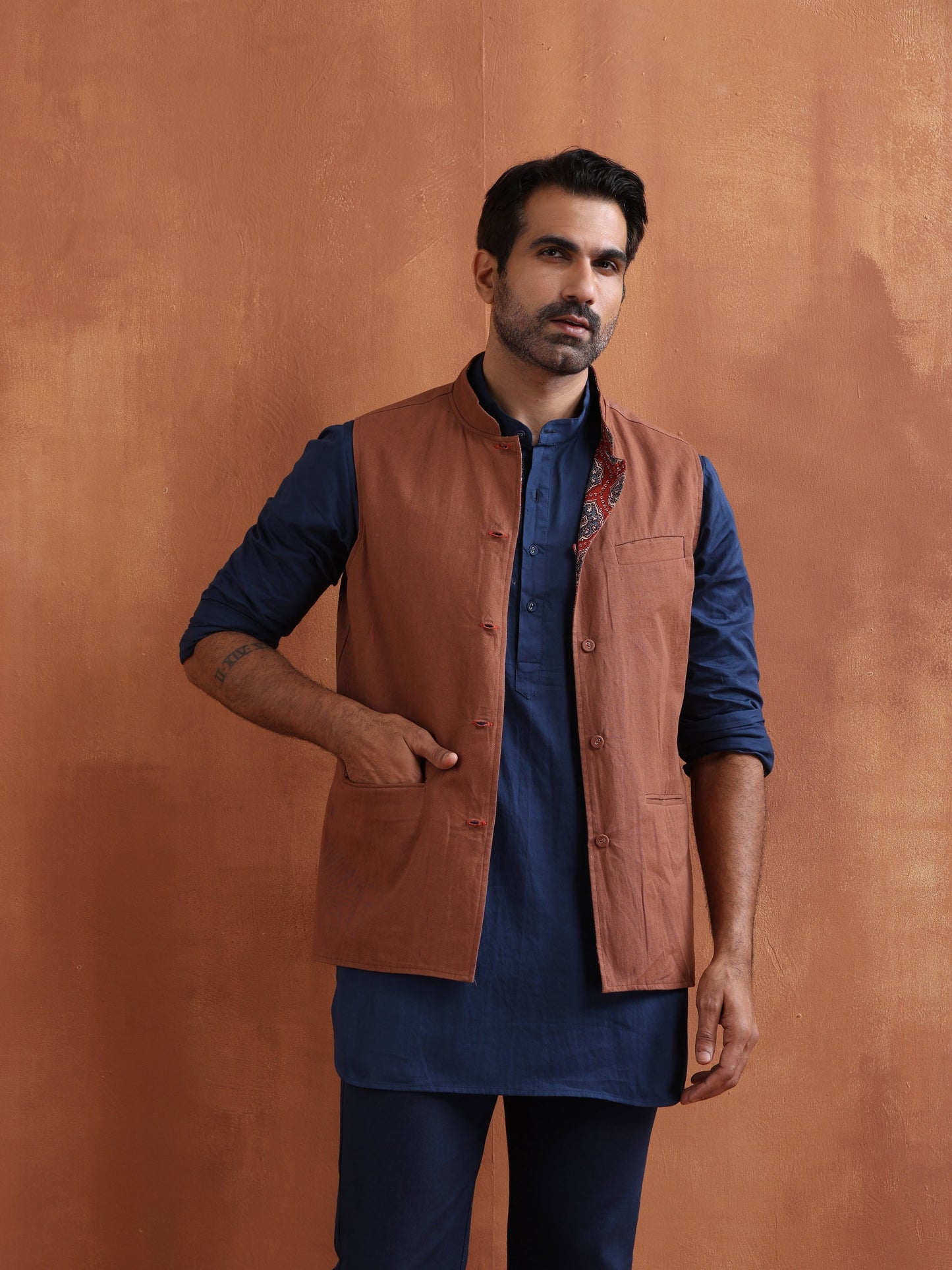 trueBrowns Men's Rust Printed Reversible Nehru Jacket - Distacart