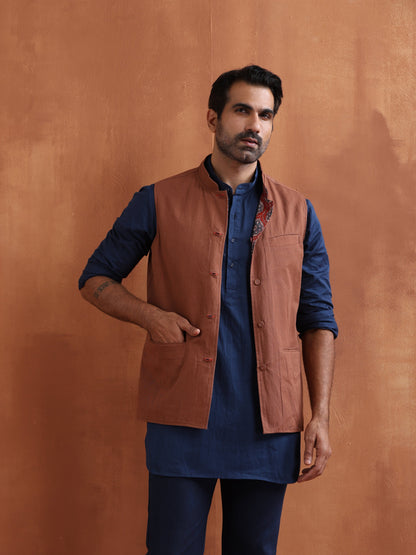 trueBrowns Men's Rust Printed Reversible Nehru Jacket - Distacart