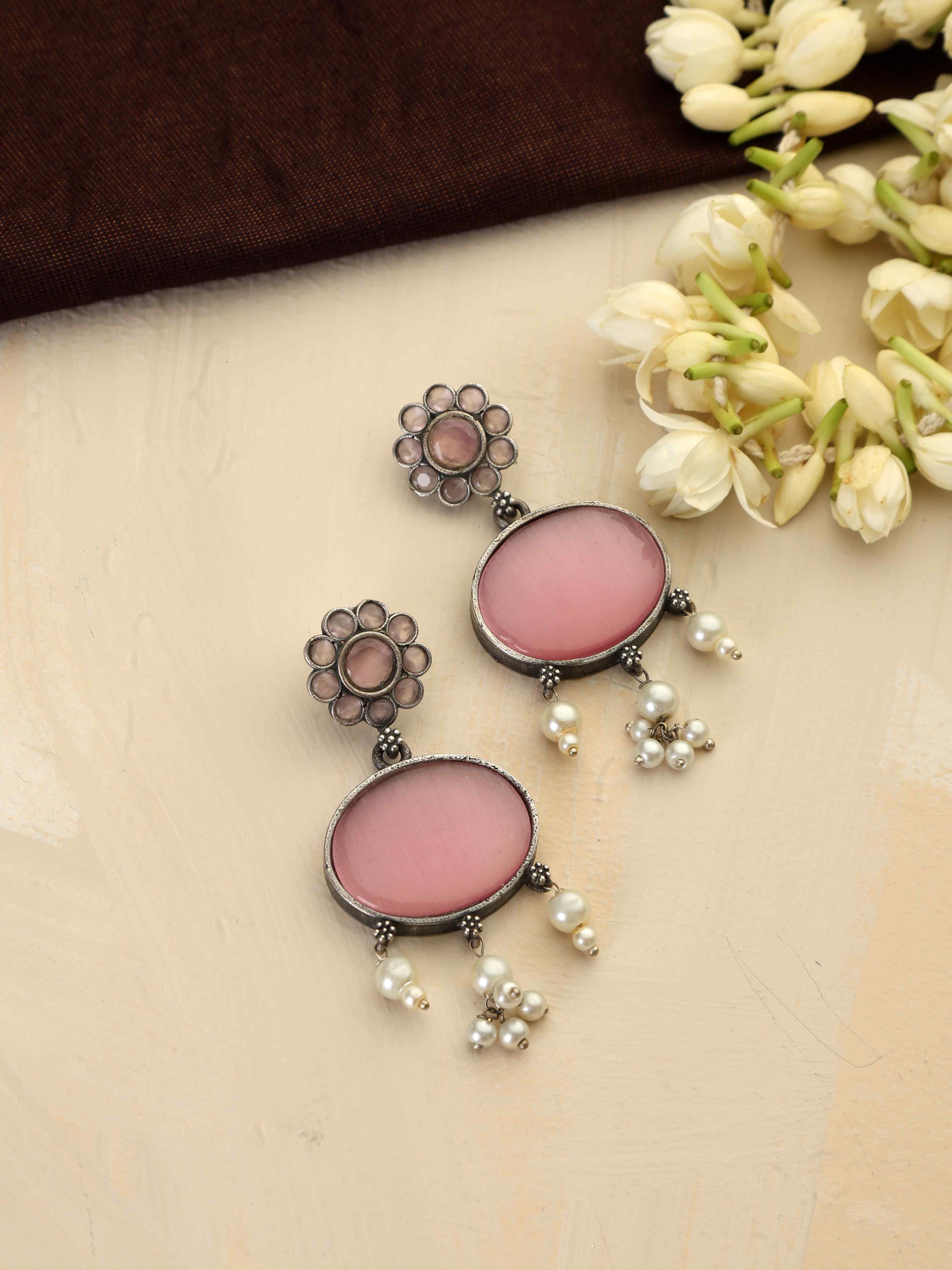 trueBrowns Silver Tone Pink Stone Dangle Earrings - Distacart