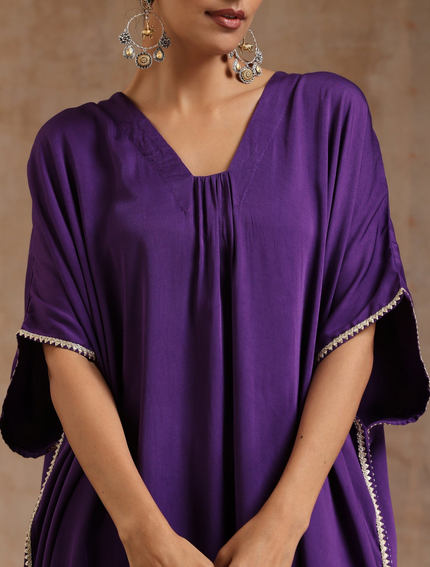 trueBrowns Violet Modal Satin Kaftan Kurta Set - Distacart