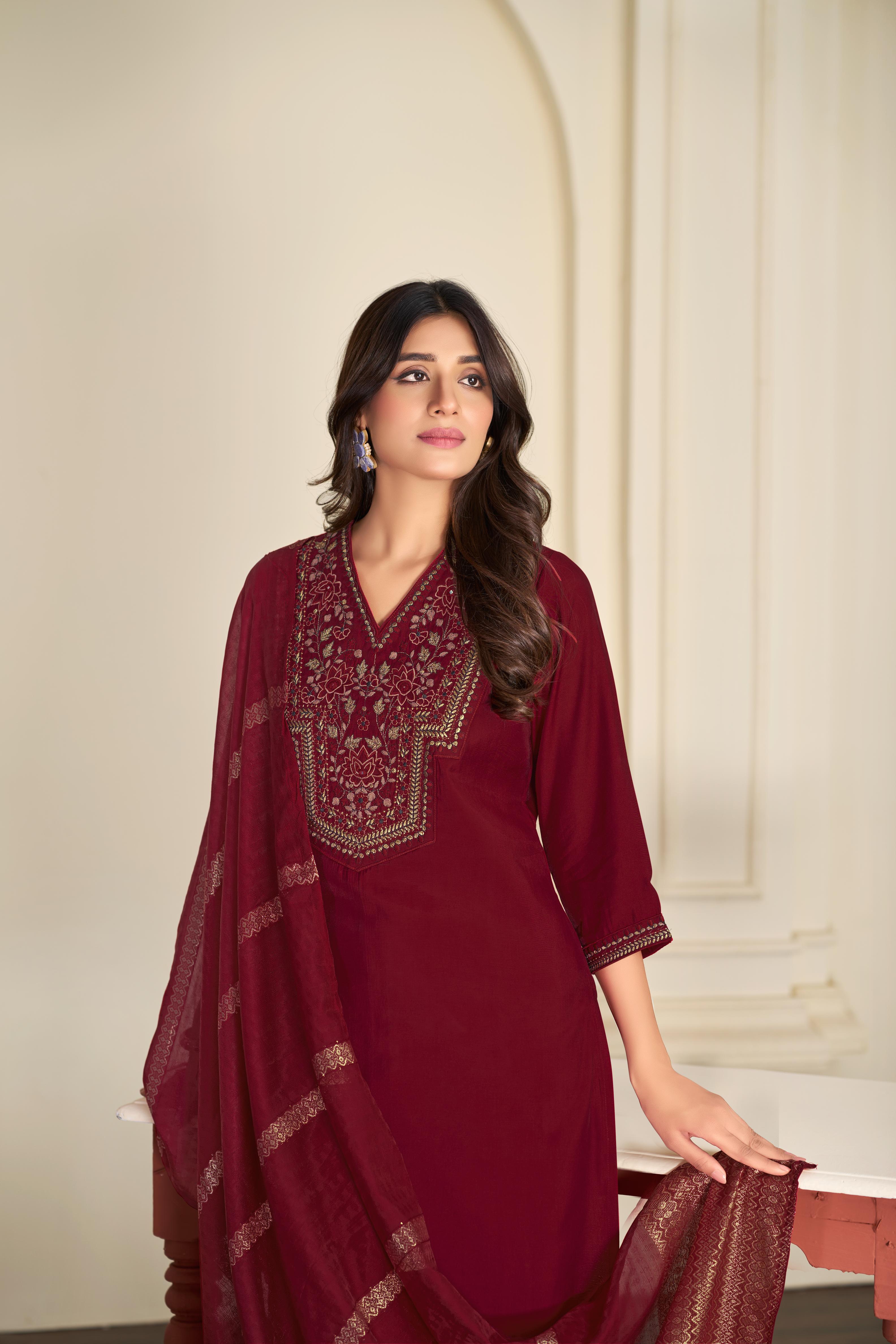BulBul Ruhani Solid Maroon & Golden Embroidered Roman Silk Salwar Suit
