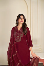 Thumbnail for BulBul Ruhani Solid Maroon & Golden Embroidered Roman Silk Salwar Suit