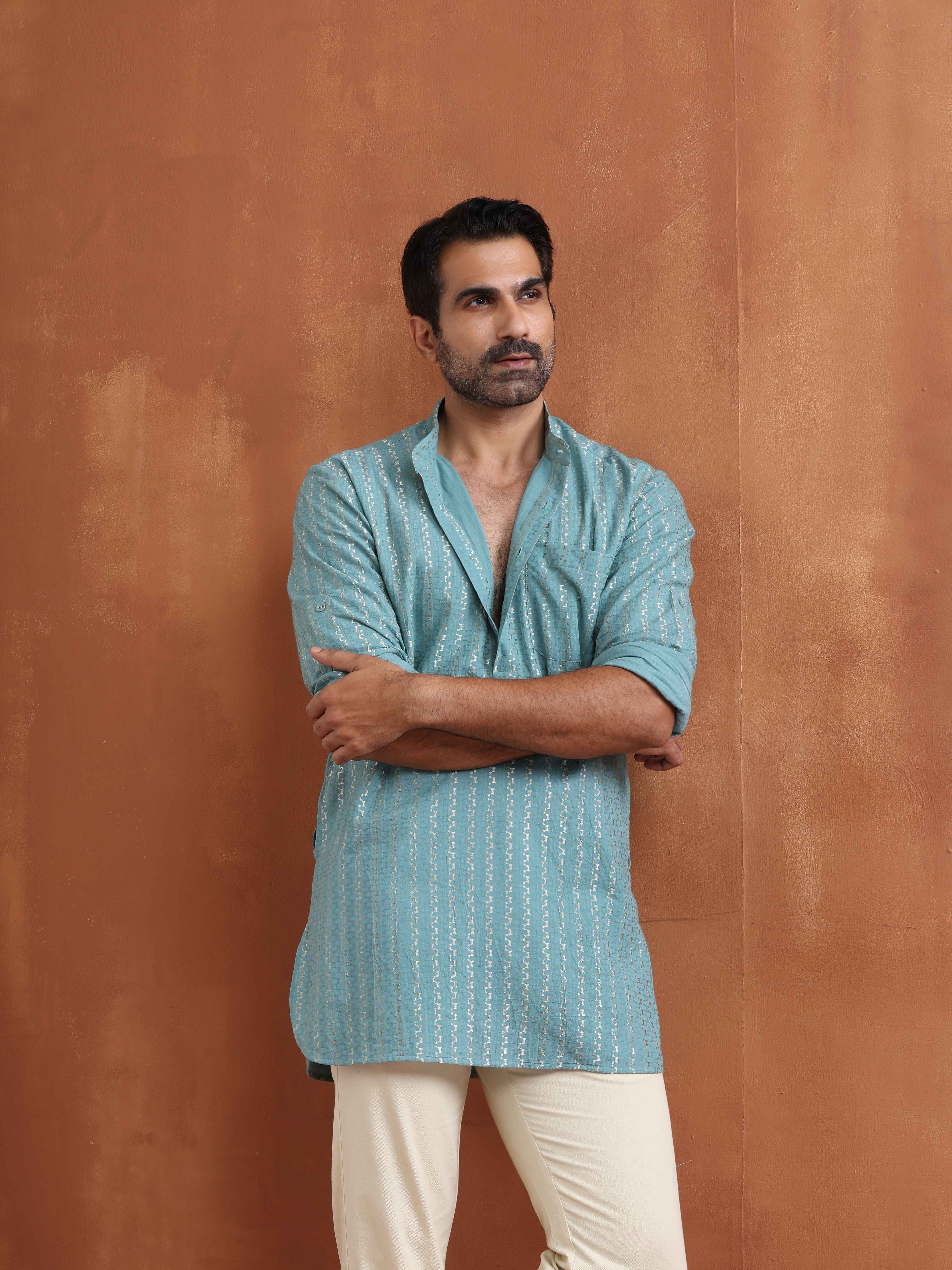 trueBrowns Men's Green Cotton Dobby Short Kurta