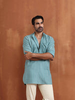 Thumbnail for trueBrowns Men's Green Cotton Dobby Short Kurta