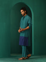 Thumbnail for trueBrowns Men's Blue Color Block Silk Long Kurta - Distacart