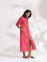 Thumbnail for trueBrowns Pink Cotton Print pleated Dress