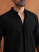 Thumbnail for trueBrowns Men's Black Textured Cotton Dobby Front Open Kurta