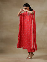 Thumbnail for trueBrowns Red Bandhani Printed Silk Panel Kaftan Kurta Pant Set - Distacart