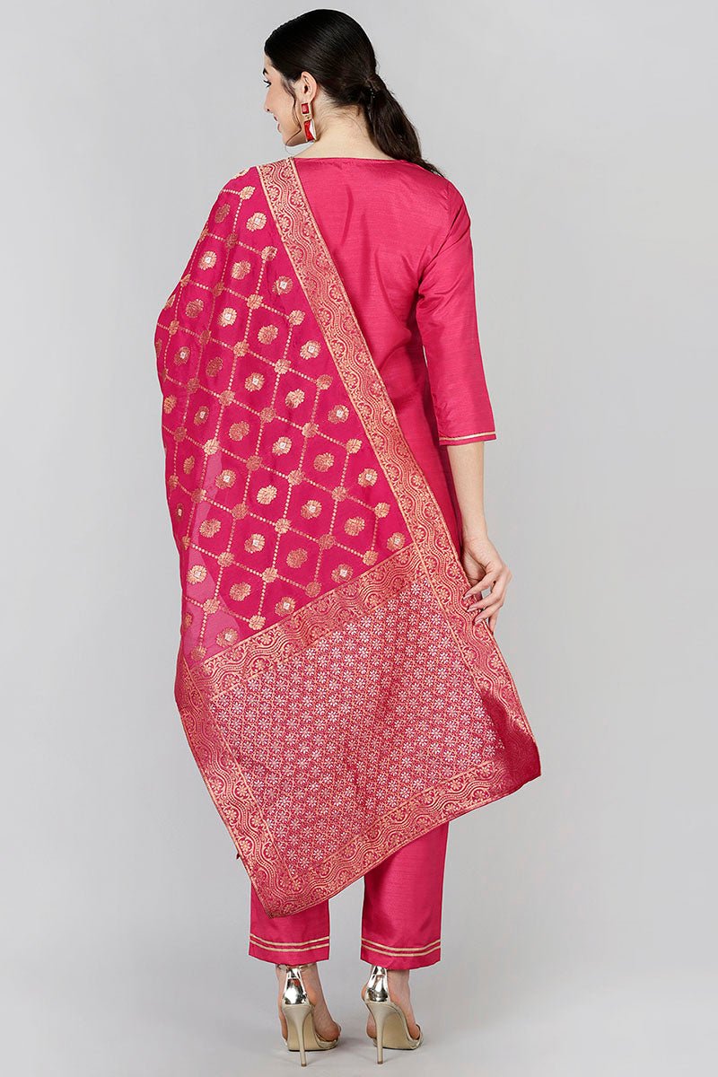 Ahika Women Red Yoke Design Kurta Trousers With Dupatta - Distacart