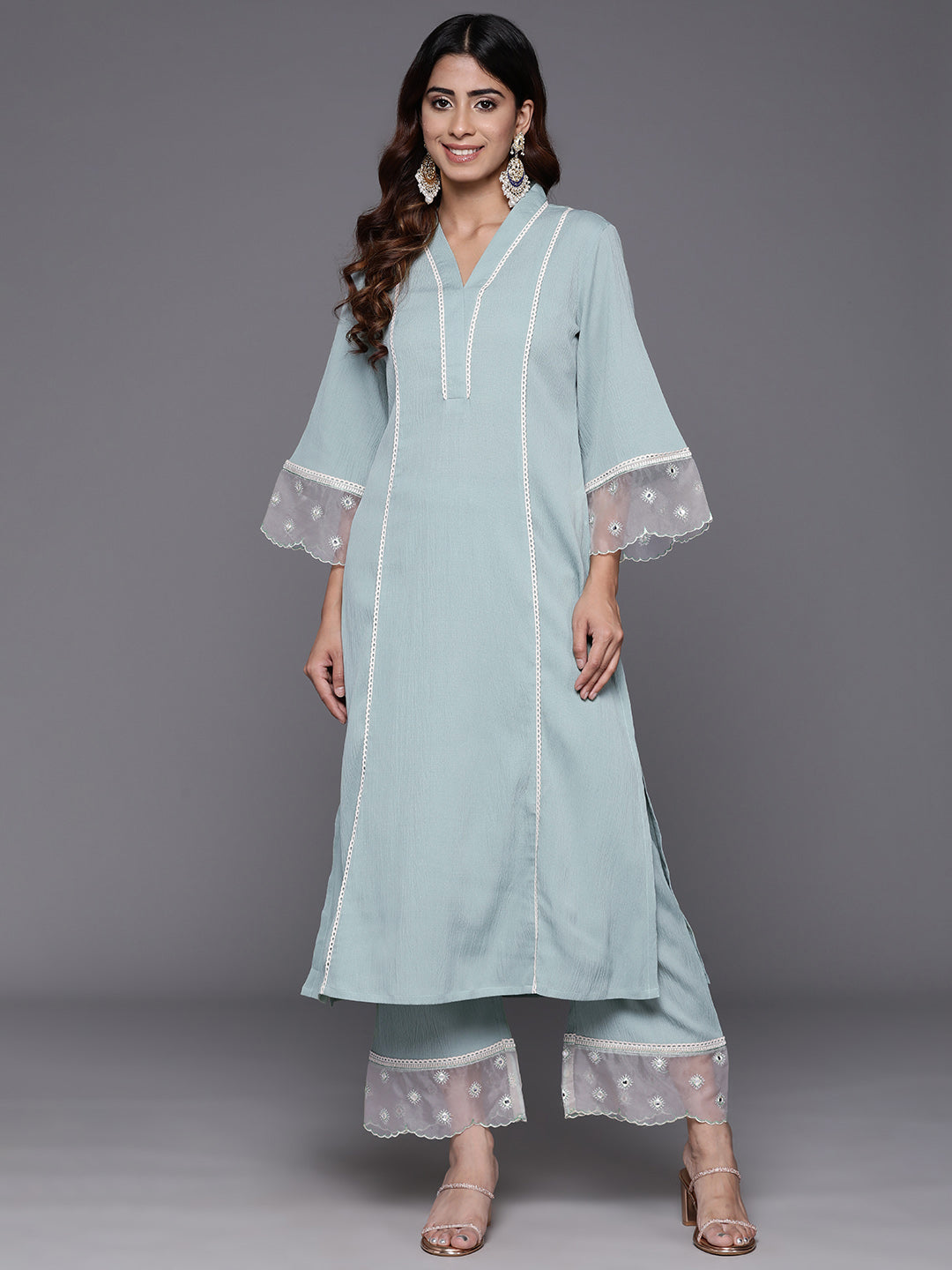 Varanga Women Sea Green Organza And Lace Detailed Kurta Set - Distacart
