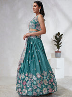 Thumbnail for House of Panchhi Turquoise Blue Georgette Sequins And Thread Embroidery Lehenga Choli & Dupatta - Distacart