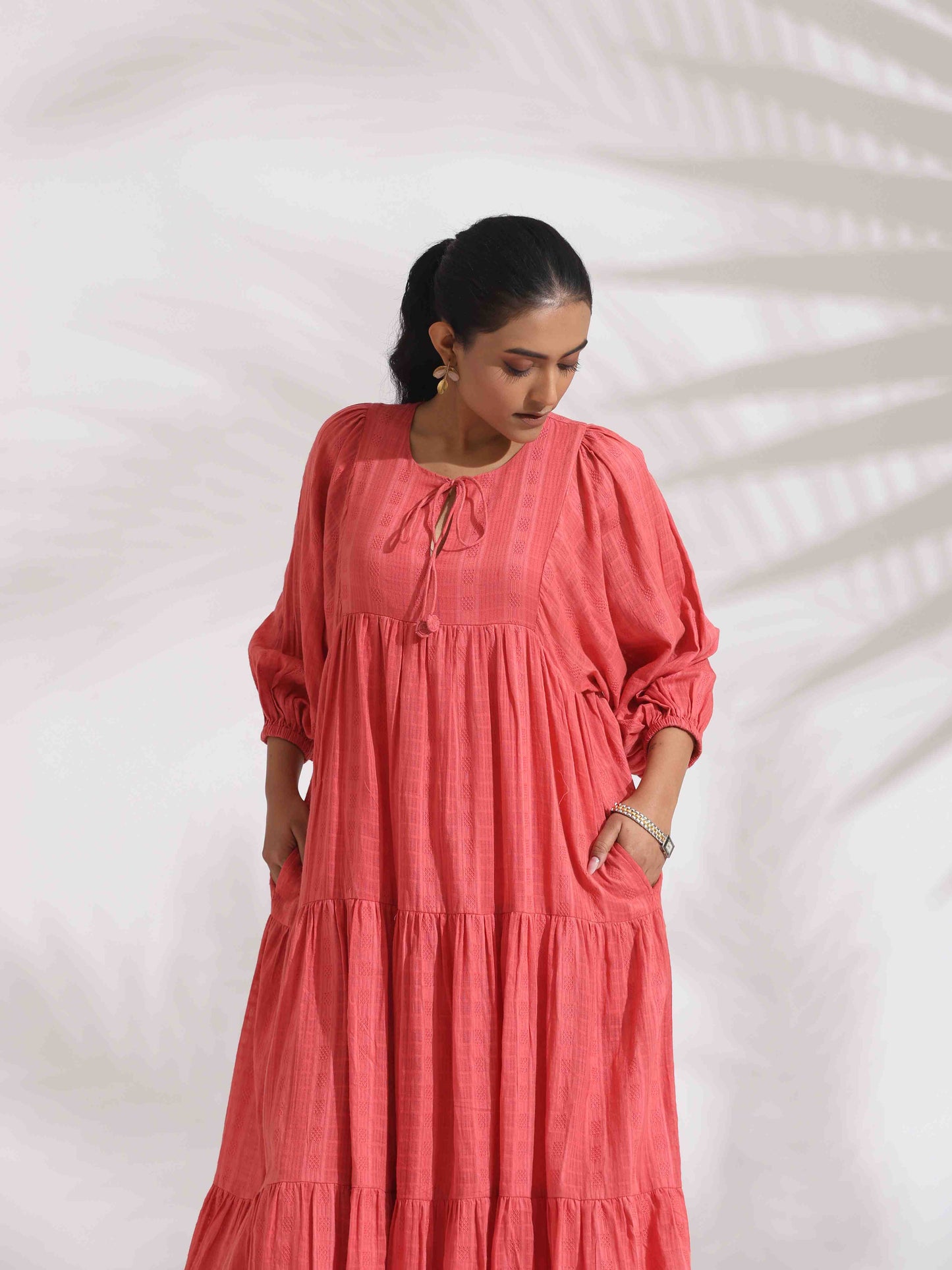 trueBrowns Pink Cotton Tier Dress - Distacart