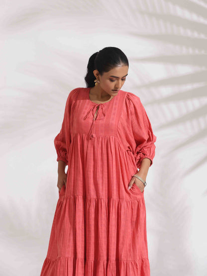 trueBrowns Pink Cotton Tier Dress - Distacart