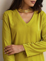 Thumbnail for trueBrowns Lime Velvet Kurta Co-ord Set