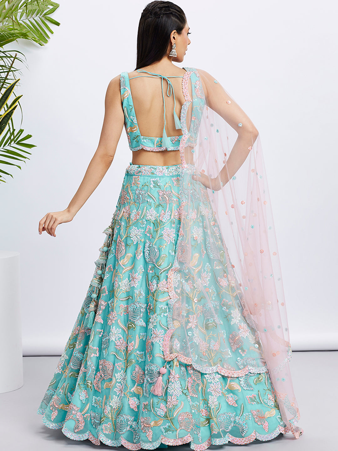 House of Panchhi Turquoise Blue Chiffon Sequins And Thread Embroidery Lehenga Choli & Printed Dupatta - Distacart