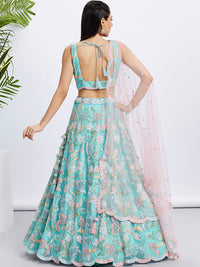 Thumbnail for House of Panchhi Turquoise Blue Chiffon Sequins And Thread Embroidery Lehenga Choli & Printed Dupatta - Distacart